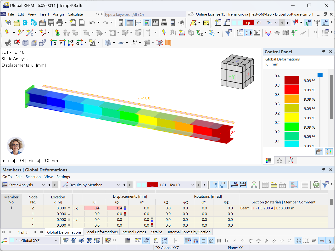 Illustration de la déformation d’une poutre dans RFEM 6 causée par une augmentation uniforme de température.
