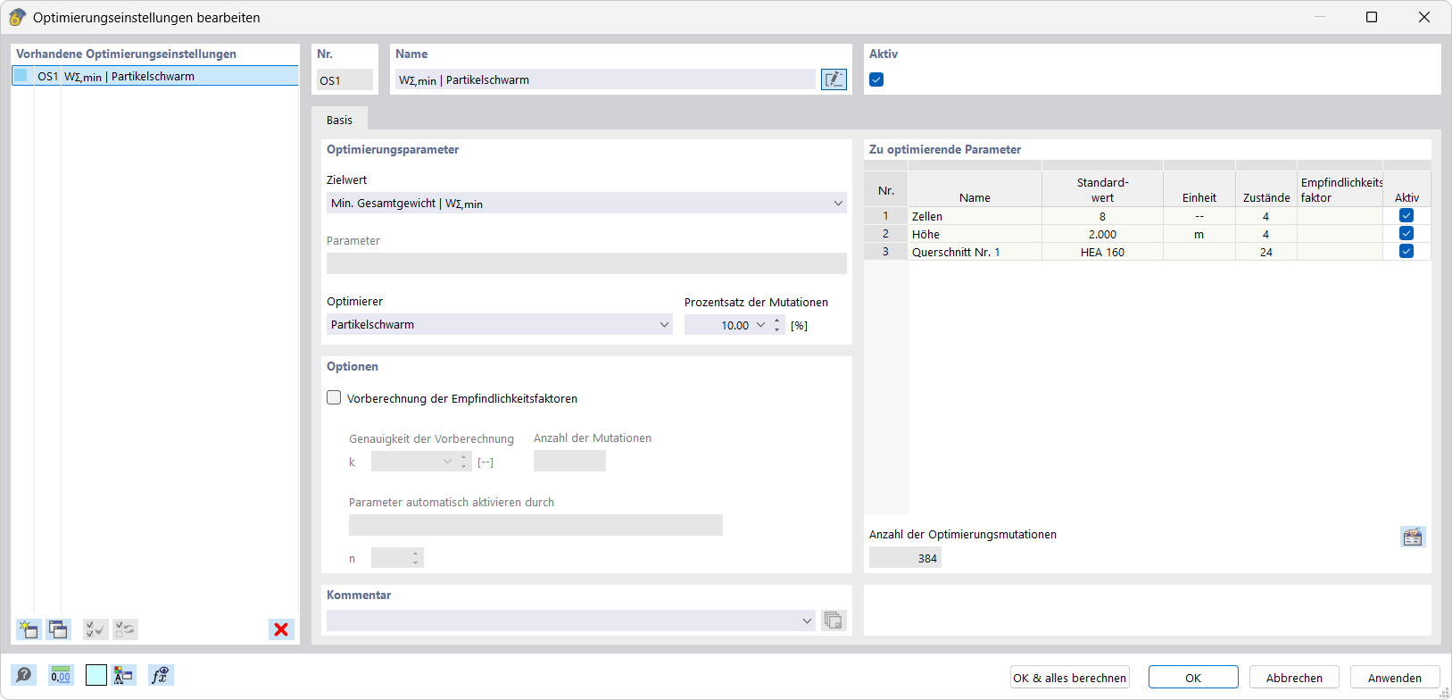 Paramètres d’optimisation pour le contrôle et le démarrage du processus d’optimisation dans l’interface du logiciel.