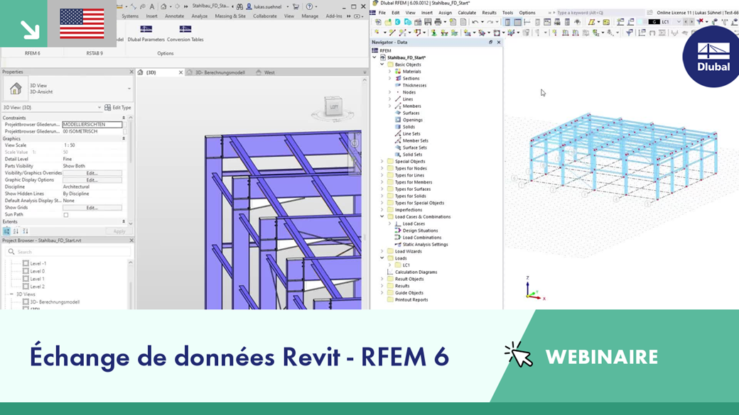 Affichage de l’écran du webinaire sur l’échange de données de Revit vers RFEM 6 avec des explications de détails techniques.