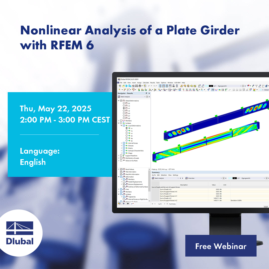Capture d’écran de RFEM 6 montrant l’analyse non linéaire d’une poutre en bétons