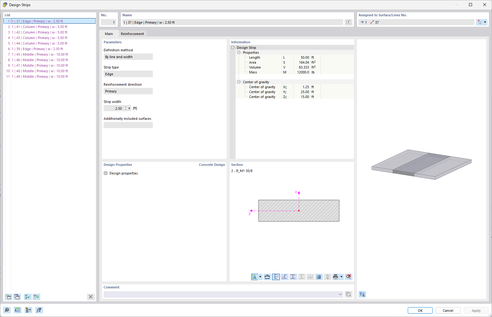 Assistant pour la vérification de bandes de calcul dans une grille de construction avec options de largeur variables en fonction de la portée et des normes