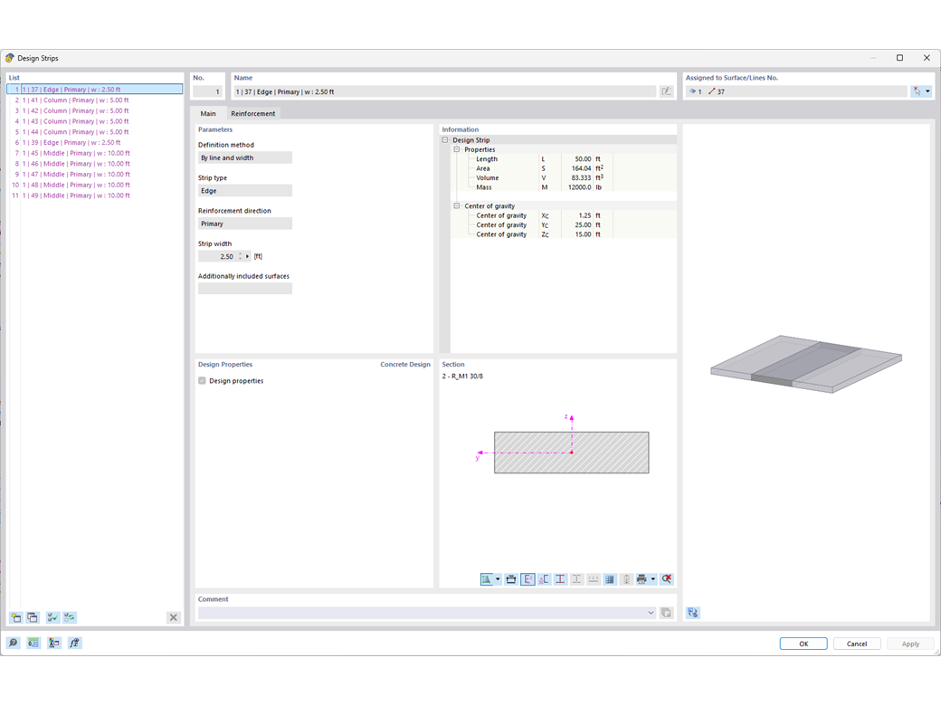 Assistant pour la vérification de bandes de calcul dans une grille de construction avec options de largeur variables en fonction de la portée et des normes