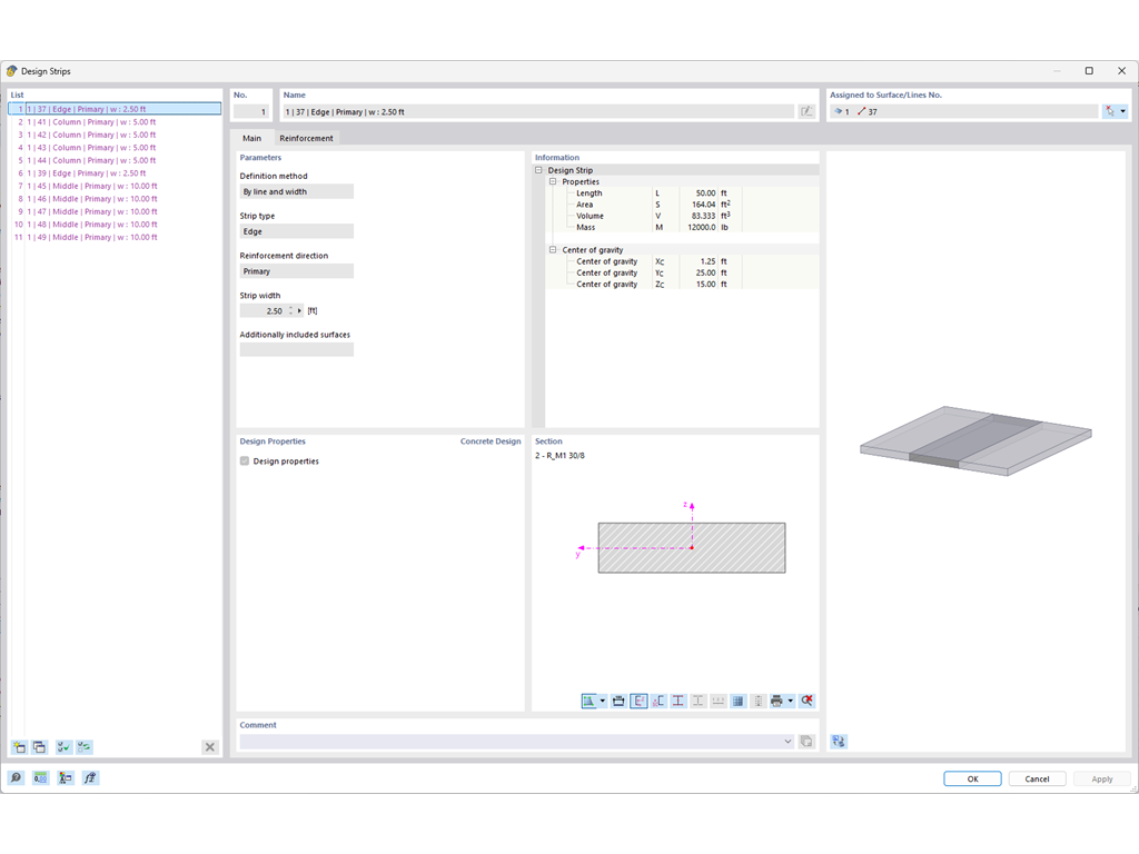 Assistant pour la vérification de bandes de calcul dans une grille de construction avec options de largeur variables en fonction de la portée et des normes