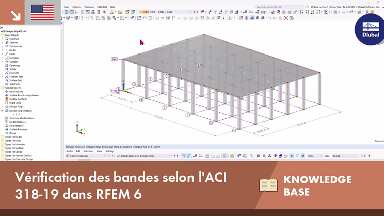 Bandes de calcul configurées selon l’ACI 318-19 montrant la distribution des contraintes dans RFEM 6 avec un dégradé de couleurs