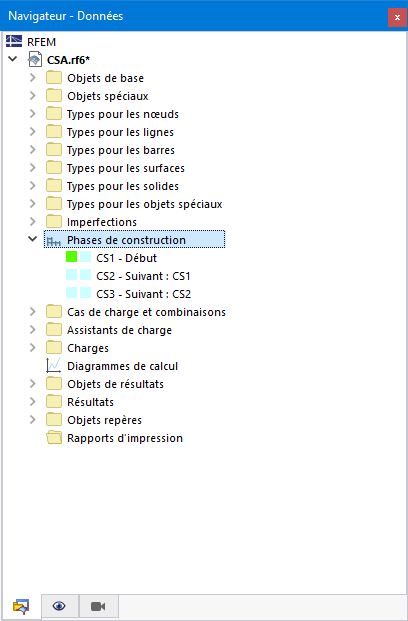 Affichage de la navigation avec les phases de construction saisies et les données détaillées correspondantes
