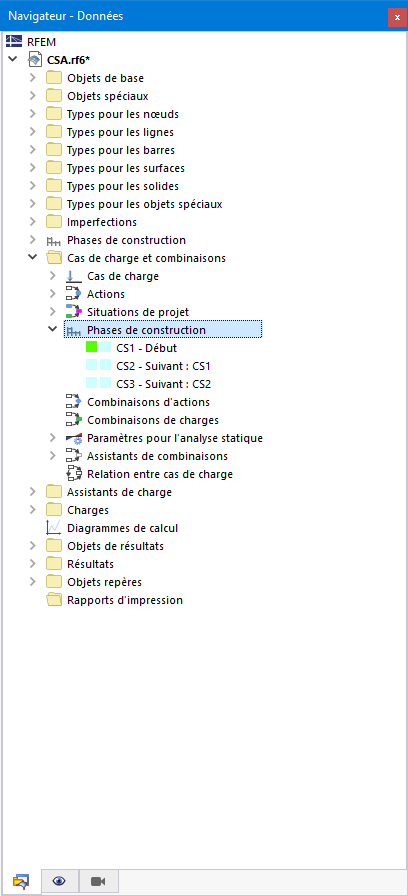 Volet de navigation avec la sélection « Cas de charge et combinaisons ». Vue d’ensemble claire des valeurs d’entrée structurelles dans le génie civil.