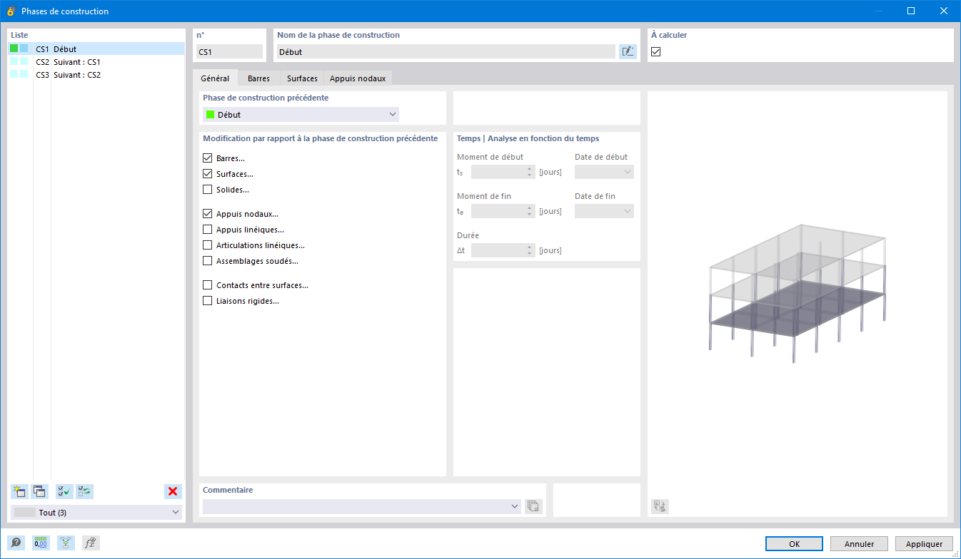 La boîte de dialogue montre comment les phases de construction sont assignées à des objets structuraux spécifiques dans un projet de construction.