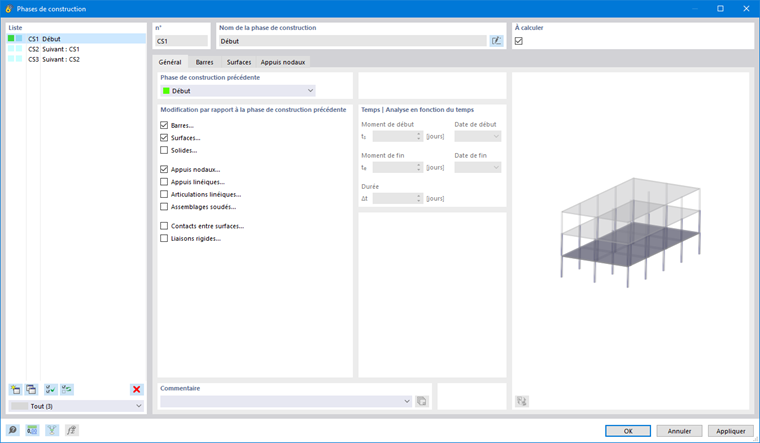 La boîte de dialogue montre comment les phases de construction sont assignées à des objets structuraux spécifiques dans un projet de construction.