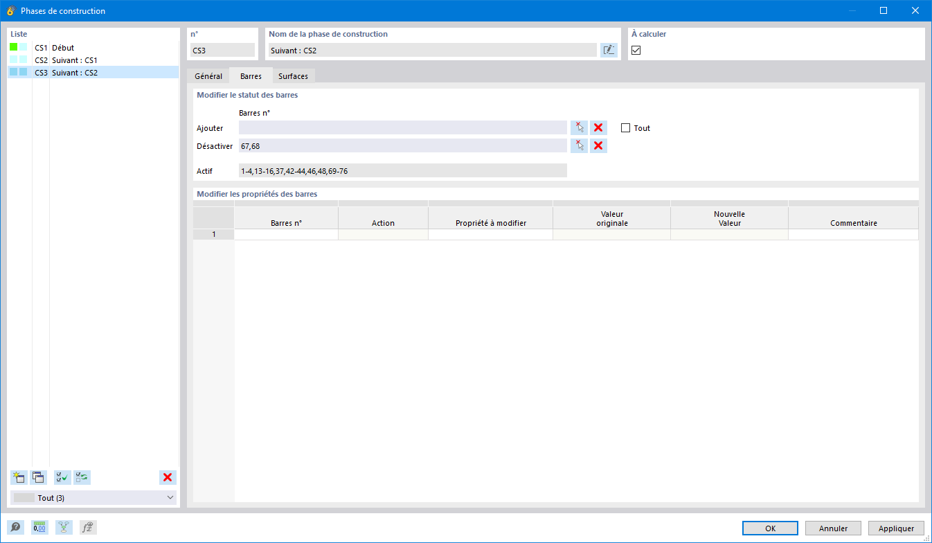 Visualisation des objets structuraux En phase de construction avec des options d’ajout et de désactivation