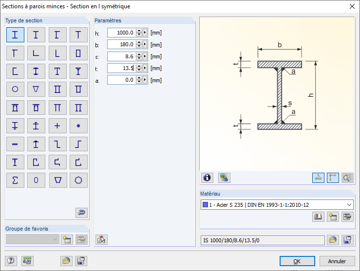 Sections en I symétriques en sections à parois minces représentées avec précision géométrique.