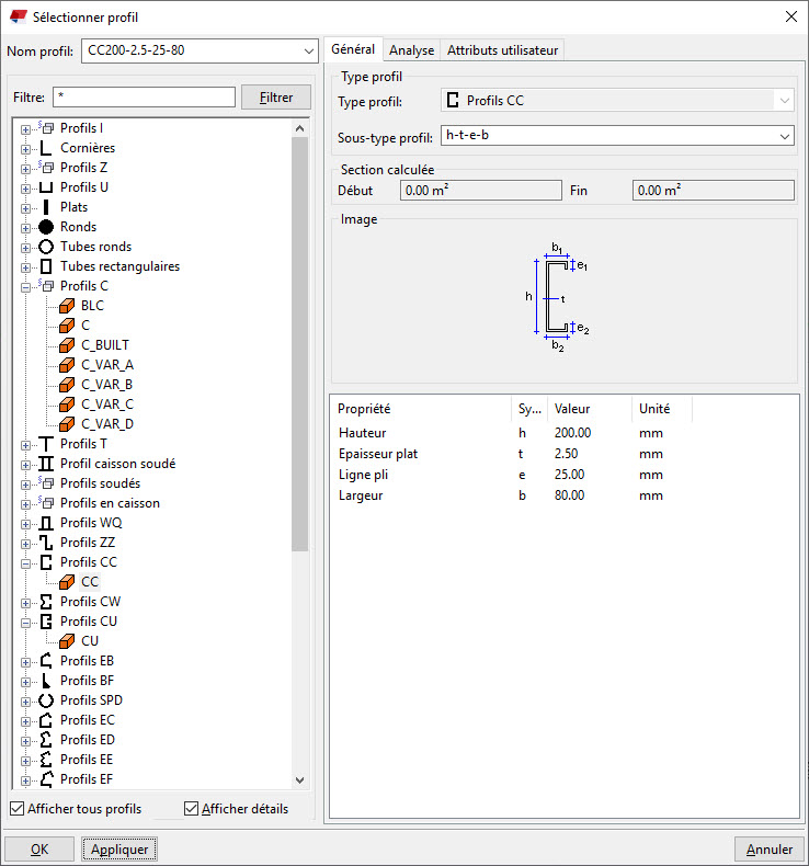 L’image montre une fenêtre de sélection de section dans un outil logiciel. L’utilisateur sélectionne des paramètres de section définis.