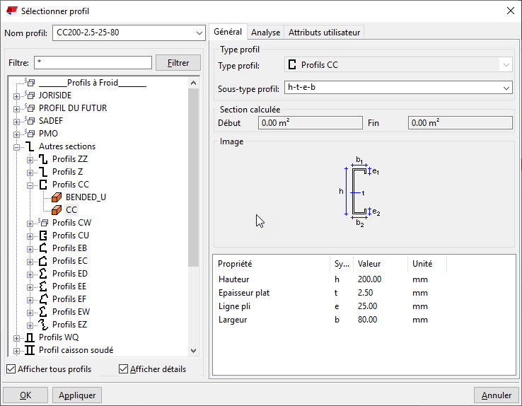 Vue détaillée de la modification d’un catalogue de profilés dans un logiciel technique.