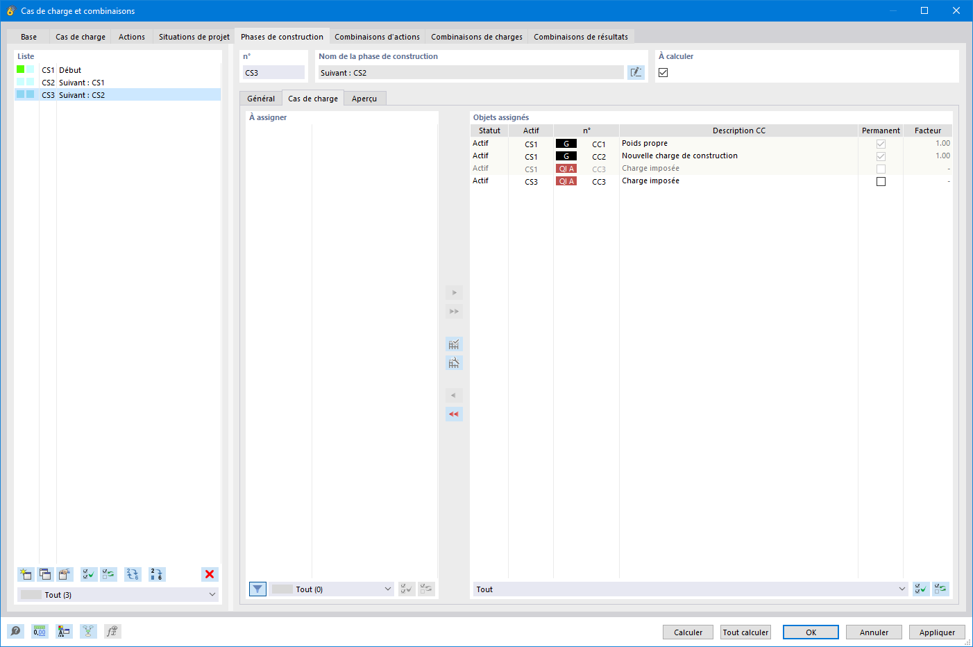Boîte de dialogue pour l’assignation de cas de charge aux phases de construction dans un logiciel d’analyse et de calcul de structure