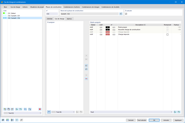 Boîte de dialogue pour l’assignation de cas de charge aux phases de construction dans un logiciel d’analyse et de calcul de structure