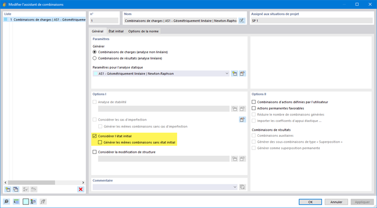 Option pour considérer l’état initial dans l’assistant de combinaisons.