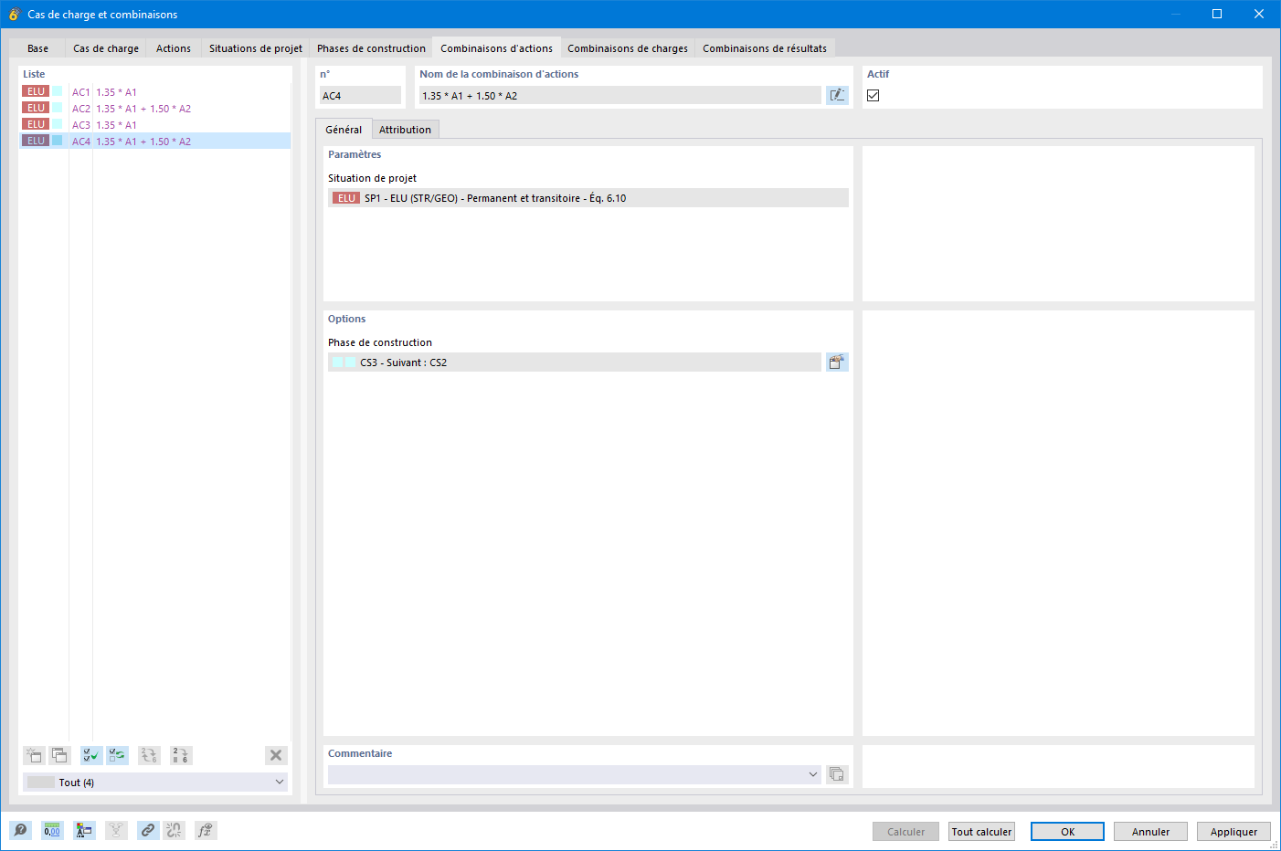 Génération automatique de combinaisons de charges et de combinaisons d'actions pour les phases de construction.