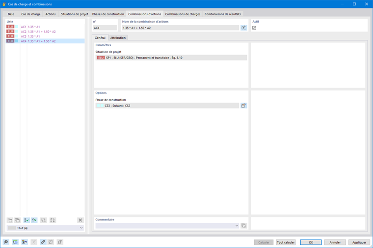Génération automatique de combinaisons de charges et de combinaisons d'actions pour les phases de construction.