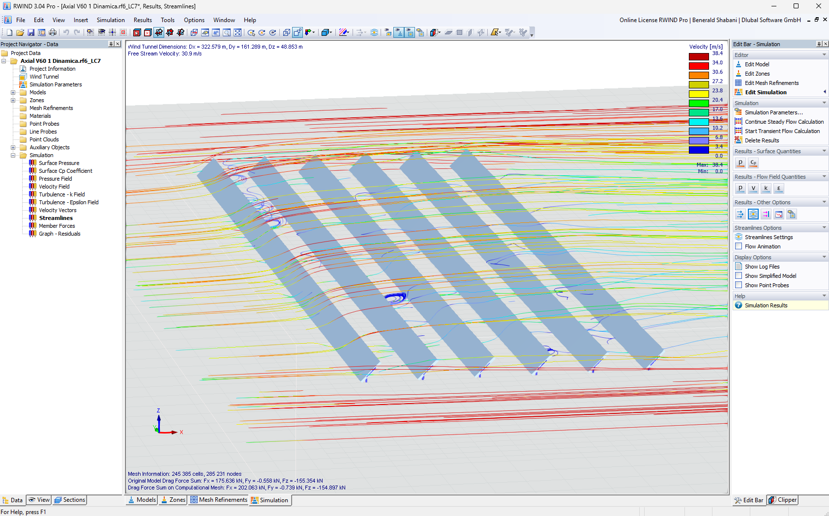 Analyse de flux de vent sur les trackers solaires dans RWIND (© Axial Structural Solutions)