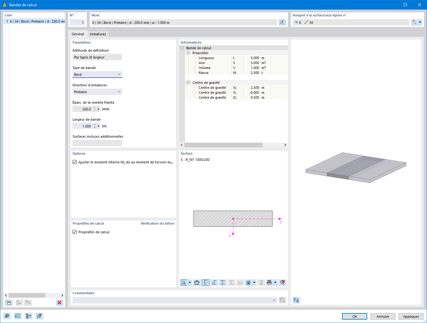 Boîte de dialogue pour l’application de la méthode des bandes de calcul selon l’ACI 318-19 pour l’armature bidirectionnelle de plaque.