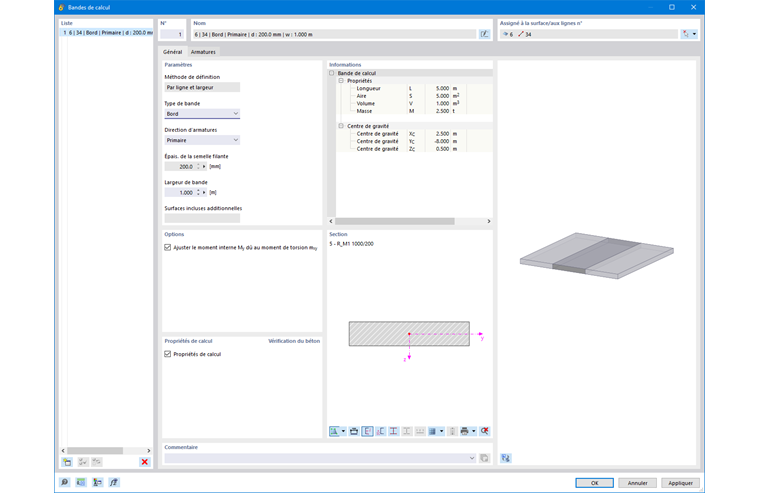 Boîte de dialogue pour l’application de la méthode des bandes de calcul selon l’ACI 318-19 pour l’armature bidirectionnelle de plaque.