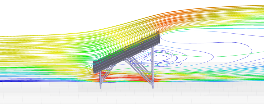 Simulation des lignes de flux du vent autour de panneaux solaires avec RWIND 3