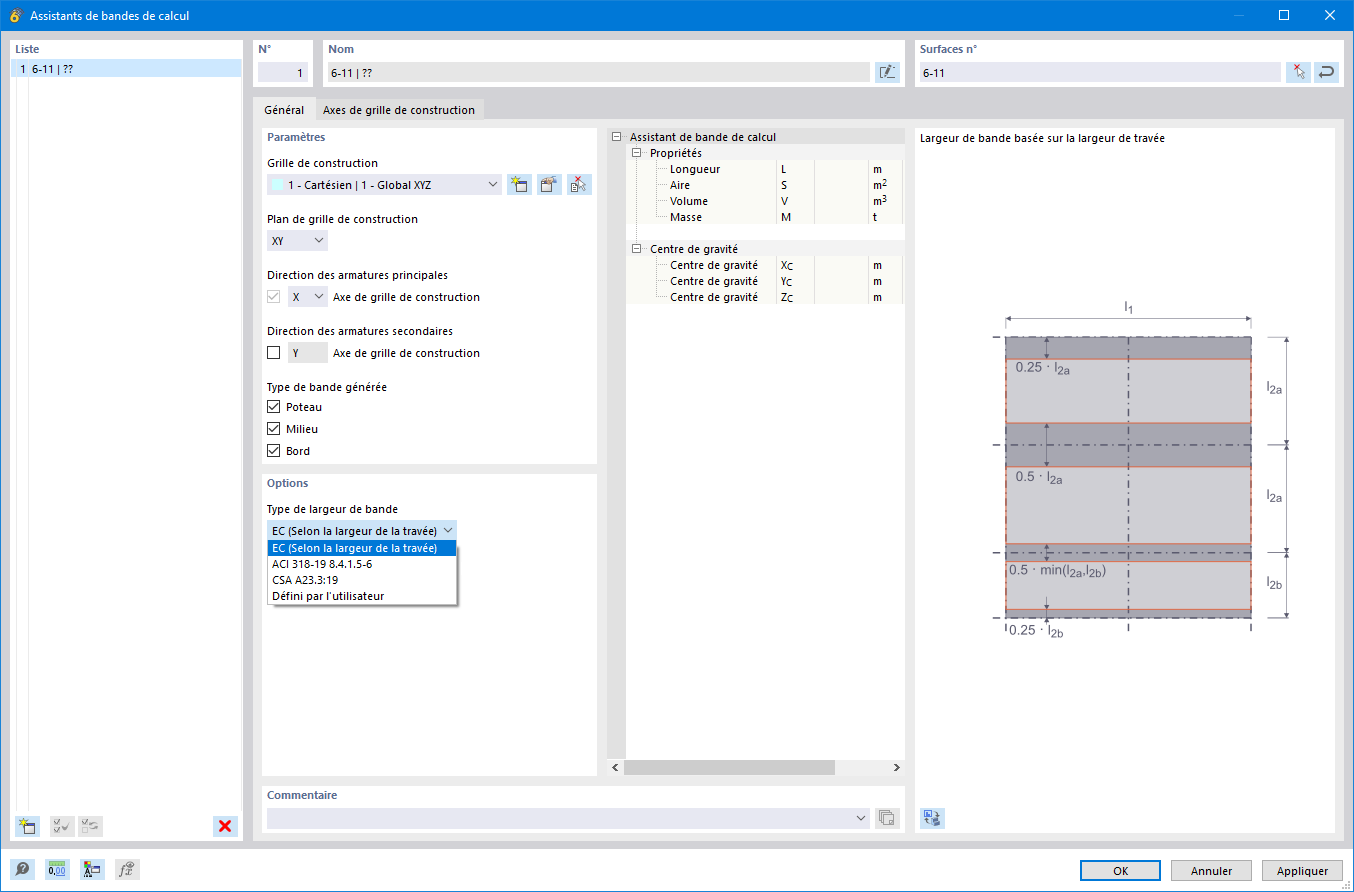 Boite de dialogue « Assistant pour les bande de calcul »