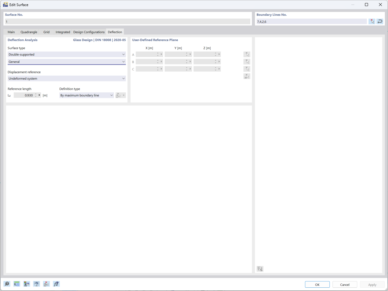Interface des paramètres d’analyse des flèches pour la vérification du verre dans RFEM 6, avec différents paramètres ajustables.