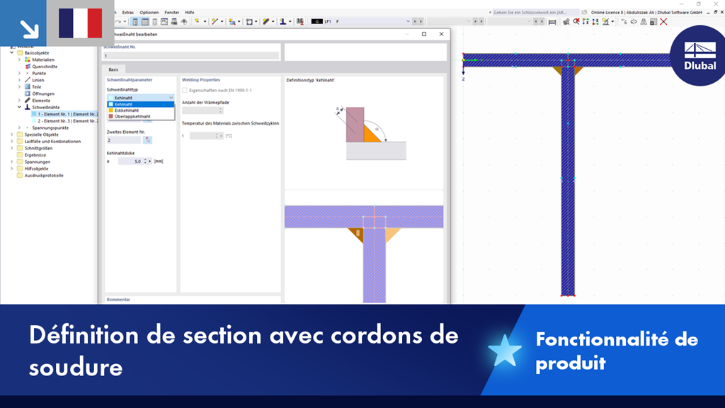 Définition de soudure et calcul des contraintes dans un logiciel de section