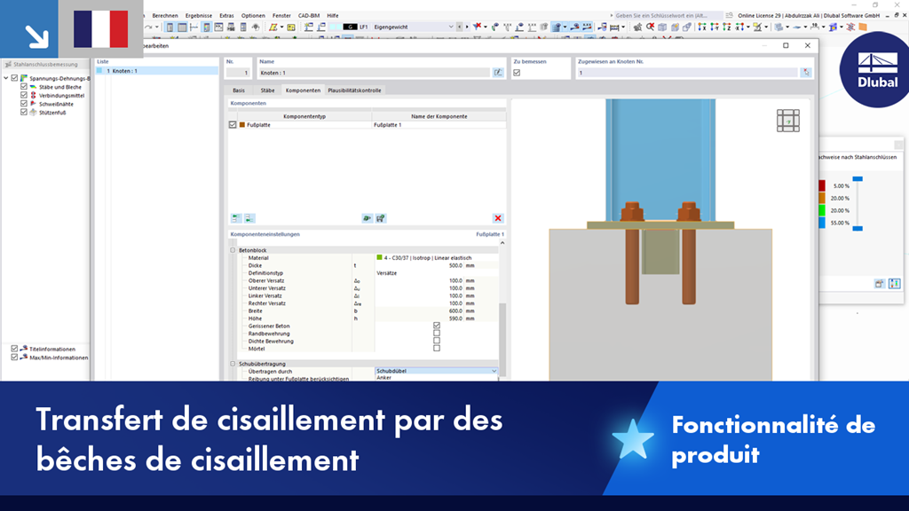 Visualisation de la transmission des efforts tranchants à l’aide de goujons dans une structure.