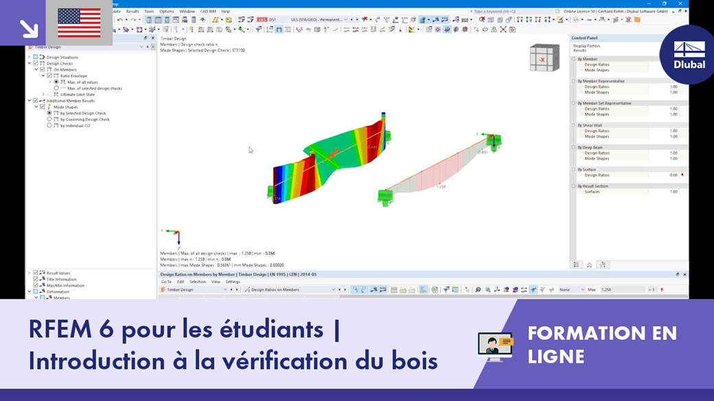 Vue d’ensemble d’une formation en ligne sur la vérification du bois, centrée sur les fonctionnalités et l’utilisation de RFEM 6 pour des étudiants.