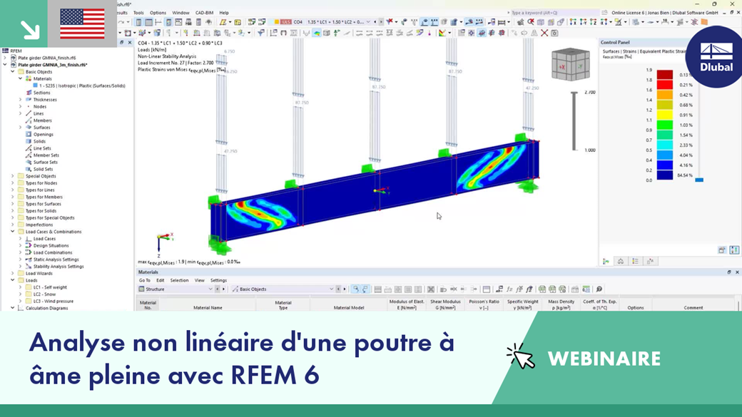 Capture d’écran d’un webinaire abordant l’analyse non linéaire de poutres à âmes pleines à l’aide des outils logiciels RFEM 6.