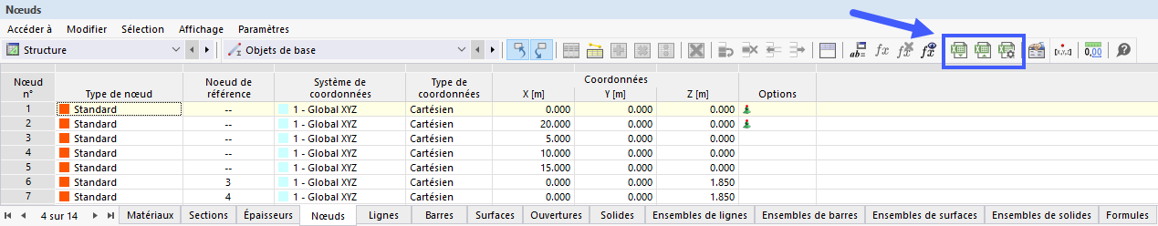 Boutons pour l’échange de données avec Excel dans la barre d’outils du tableau