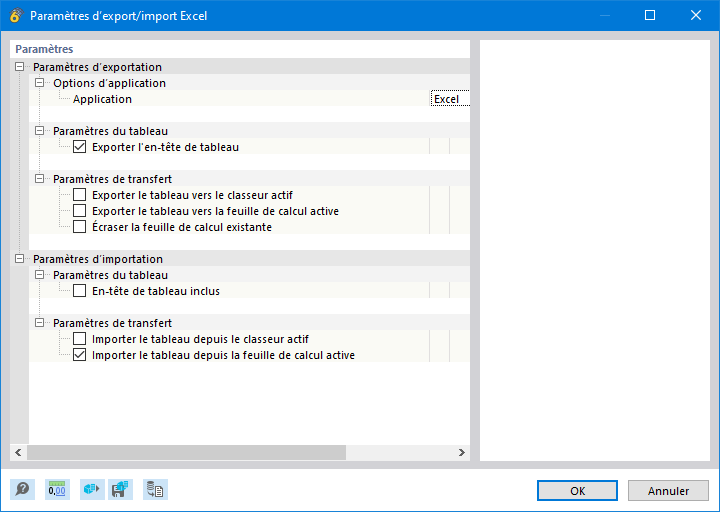 Paramètres Excel pour l’exportation / l’importation