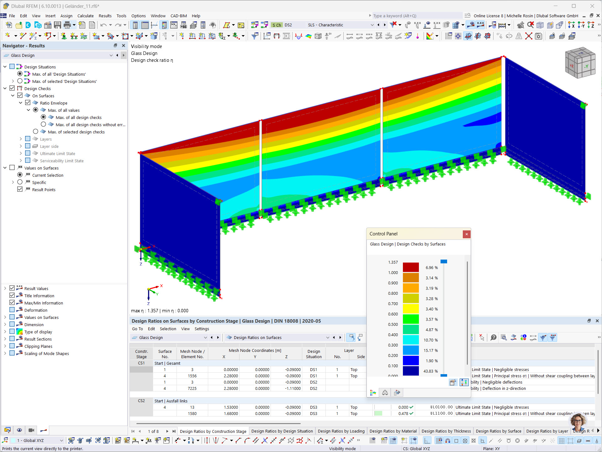 Glasgeländer, detailliert bemessen mit dem Glasbemessungs-Add-on in RFEM nach Normen.