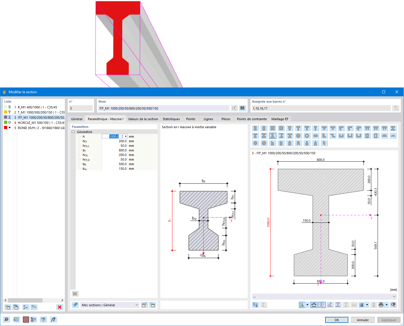 Section paramétrique en béton précontraint