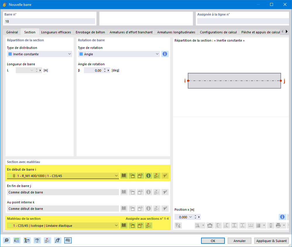 Définir la section et le matériau