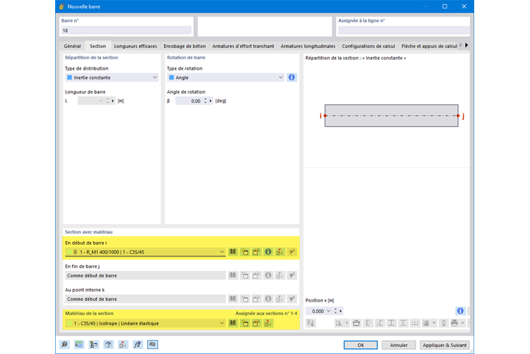 Définir la section et le matériau
