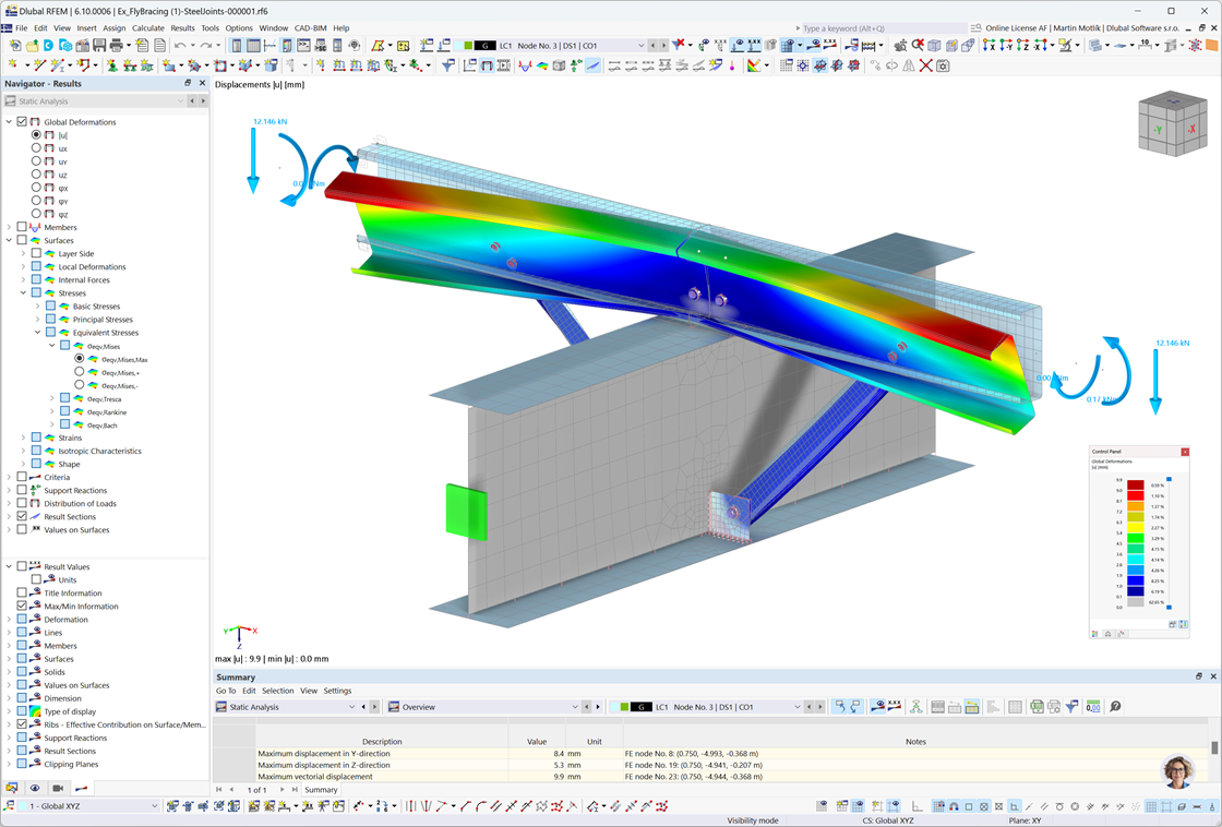 Modèle aux éléments finis de contreventement utilisé pour le calcul des assemblages dans RFEM, représenté comme un modèle séparé et modifiable.