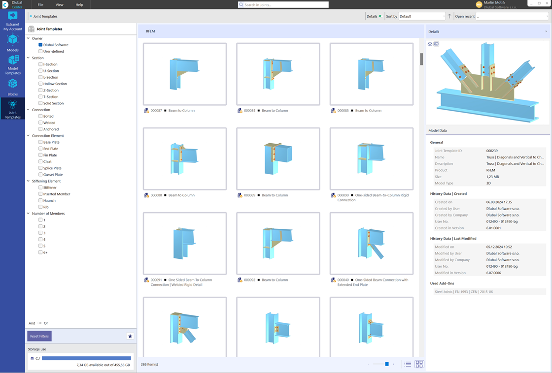Blocs d’assemblages acier dans une bibliothèque paramétrée pour un calcul structurel efficace.