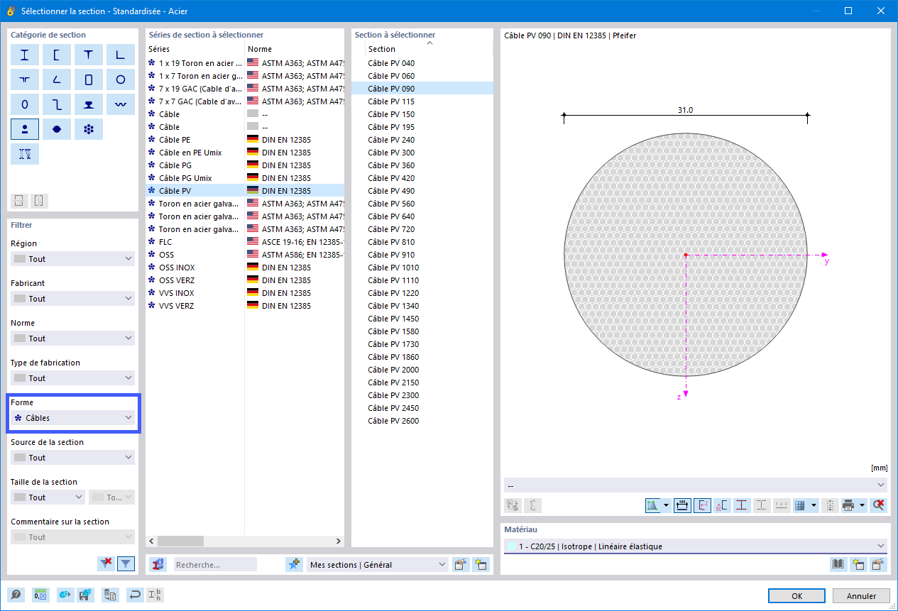 Sélectionner un type de section de toron dans la bibliothèque