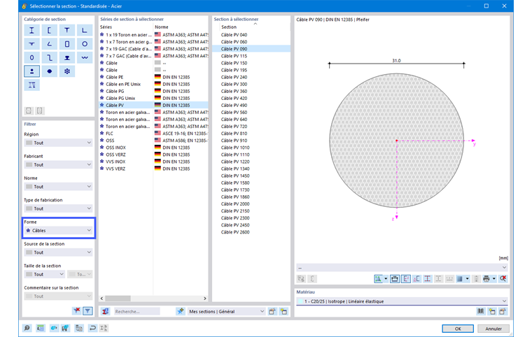 Sélectionner un type de section de toron dans la bibliothèque