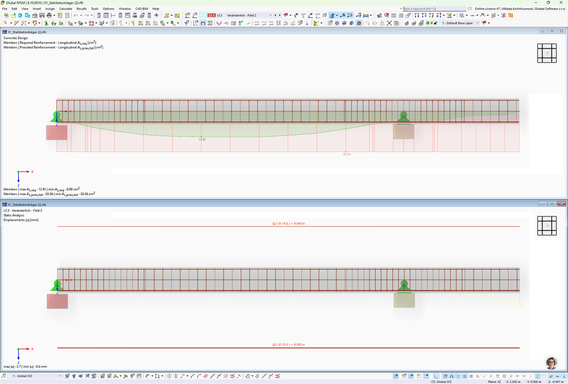 Affichage graphique des armatures d’éléments en béton et des déformations pour le calcul de structure.