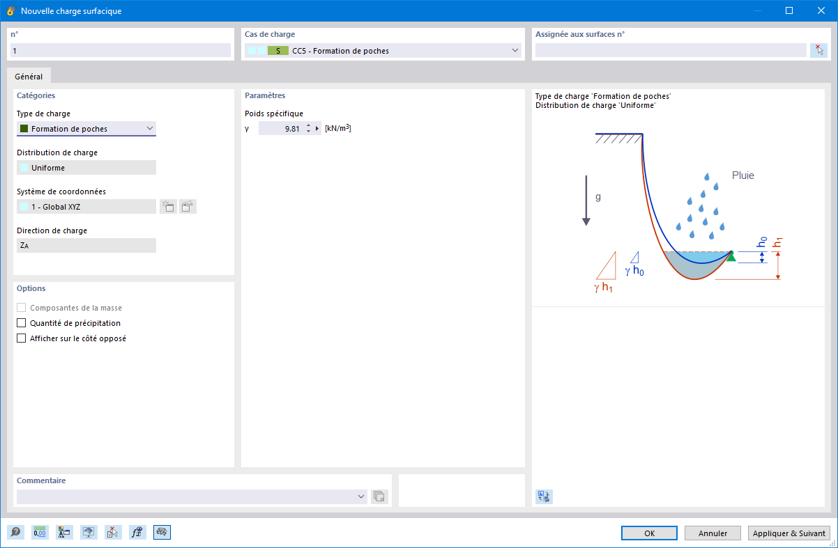 La boîte de dialogue de définition des charges de formation de poches  dans RFEM 6 permet aux ingénieurs de spécifier et ajuster les scénarios de formation de poches dans leurs modèles de calcul de structure.