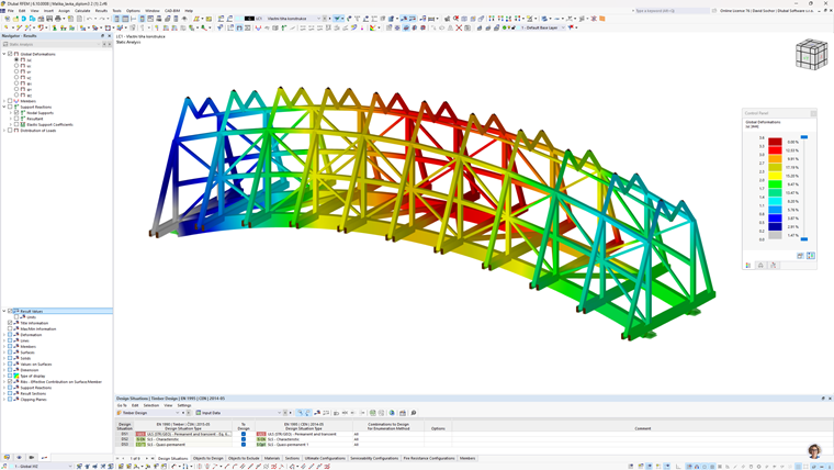 Passerelle en bois avec déformations globales dans un modèle d’analyse structurelle RFEM 6, développé par Malika Urinova.