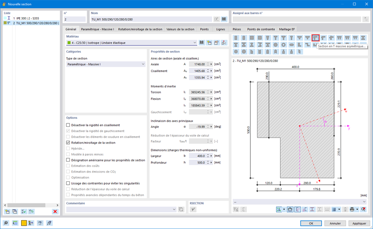 FAQ 005698 | J’ai créé un profil de type cornière massive depuis la bibliothèqe des sections. Lors de la vérification, le logiciel indique que cette section est invalide. Comment vérifier cette section ?