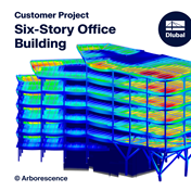Calcul de structures pour un immeuble de bureaux à six étages montrant la disposition des poteaux et les sections de plancher.
