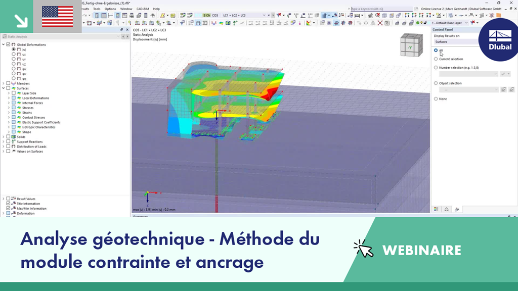 Diapositive de webinaire sur l’analyse géotechnique dans RFEM 6, centré sur la méthode de maintenance du module engendré et les techniques d’ancrage.