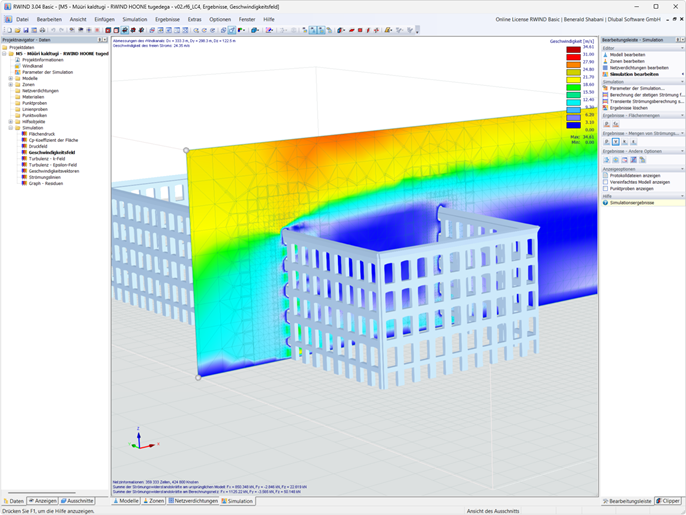 Simulation des charges de vent sur une façade pour stabiliser son système d’ancrage.