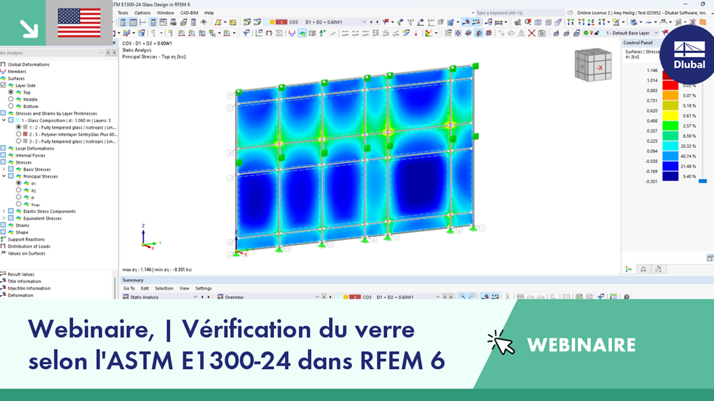 Aperçu de l’application de la norme ASTM E1300-24 dans la vérification du verre avec RFEM 6 dans le cadre d’un webinaire.