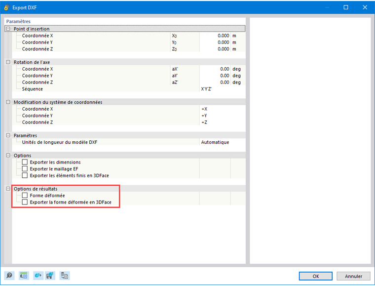 Fenêtre de sélection avec différentes options pour l’exportation DXF